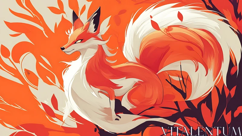 Stylized orange fox with flowing tail in abstract foliage.