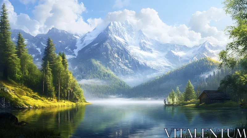 Whispering alpine lake beneath storybook snowpeaks.