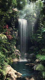 Vertical jungle waterfall cascades into reflective emerald pool