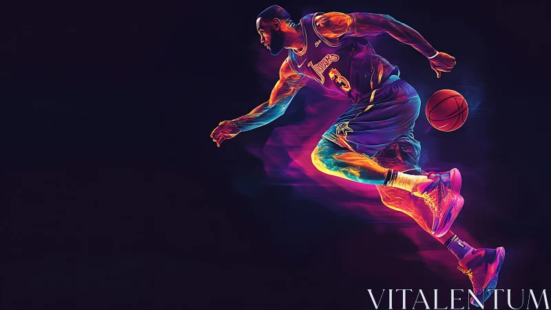 Neon-spectrum vectorized basketball sprint under motion blur.