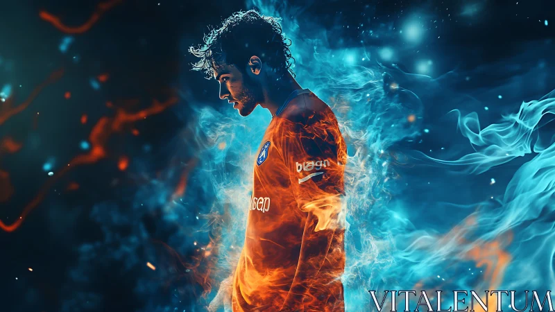 Footballer engulfed in dynamic blue and orange energy flames.