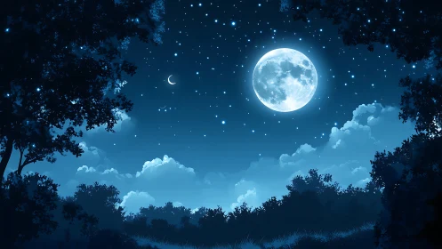 Moonlit forest clearing under a calm, star-filled sky.