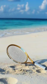 Sunlit tennis racket daydreams quietly on the shoreline