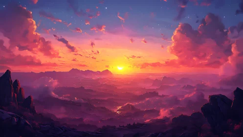 Luminous volumetric sunset over stratified fantasy valley basin