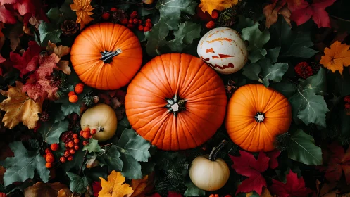 Autumn pumpkins arranged over colorful fallen leaves.