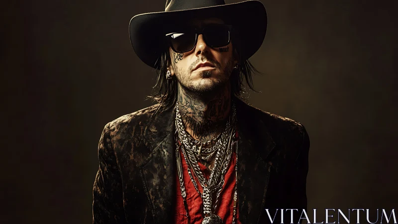 Tattooed rock figure in dark hat under cinematic light.