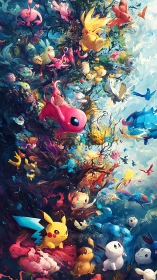 Colorful digital cluster of small fantasy creatures in sky.