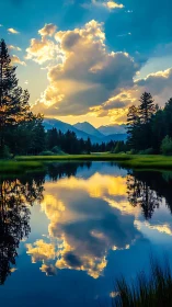 Clouds and treeline are reflected across a still mountain lake