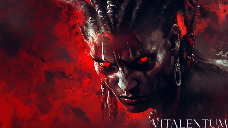 Demonic warrior portrait stares forward with glowing red eyes