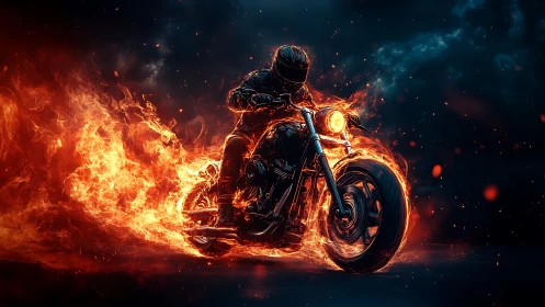 High-contrast flaming motorcycle rider rendered with dynamic particle fire simulation
