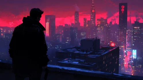 Backlit figure surveys neon-soaked cyberpunk skyline at dusk