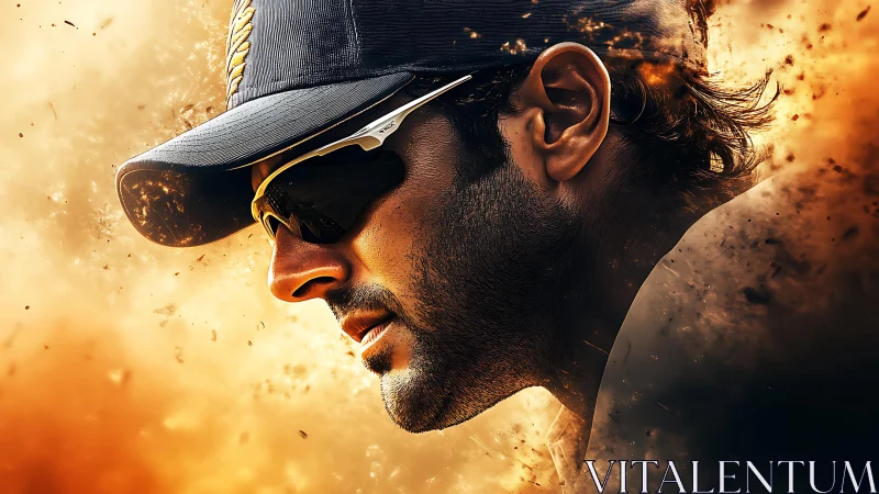Side profile of man in cap and sunglasses amid particles.