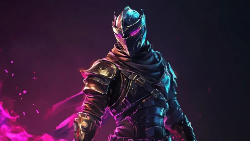 Mysterious neon knight stands ready in glowing purple armor