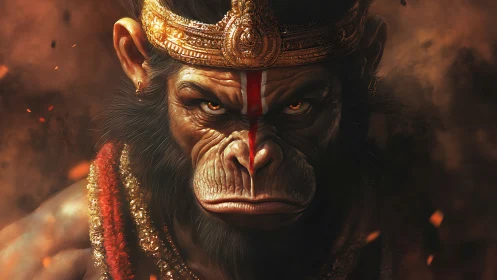 Warrior monkey deity portrait under burning embers glow