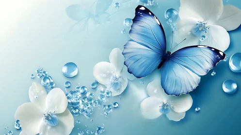 Gentle blue butterfly drifting above soft white blossoms.