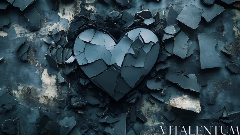 Fractured Teal Plates Form Heart Shape Against Weathered Wall