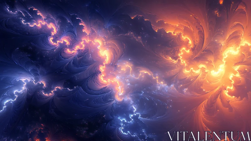 Fractal nebula flow in contrasting blue and orange light.