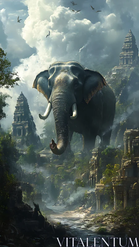 Colossal elephant traverses mist-laden ruins in cinematic fantasy