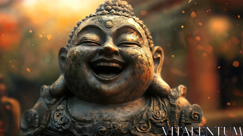 Radiant laughing Buddha statue amid warm bokeh embers.