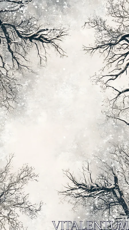 Snow-laden tree branches frame a high-key winter sky symmetrically
