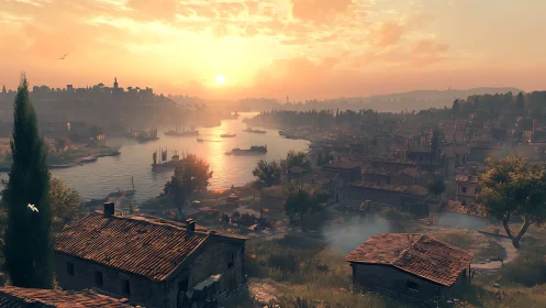 Sunlit harbor cityscape overlooks calm bay at golden sunrise