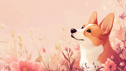 Corgi portrait amid pastel spring flowers at golden hour.