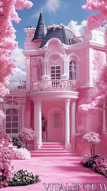 Digital painting of pastel neoclassical pink manor facade design.