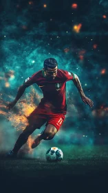 Male footballer in red kit controls ball amid particle effects