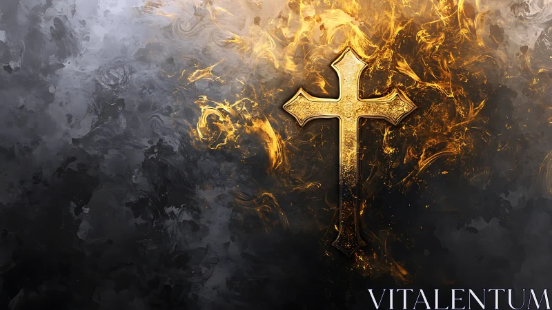 Gold ornate cross on dark textured abstract background.