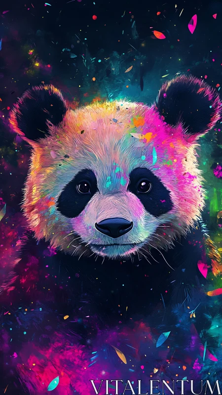 Chromatic panda portrait with neon particle field and textured fur shading