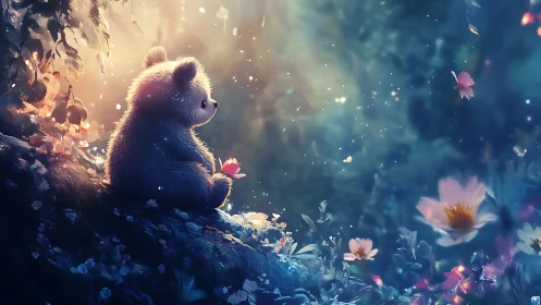 Gentle teddy bear watches glowing petals in a twilight forest