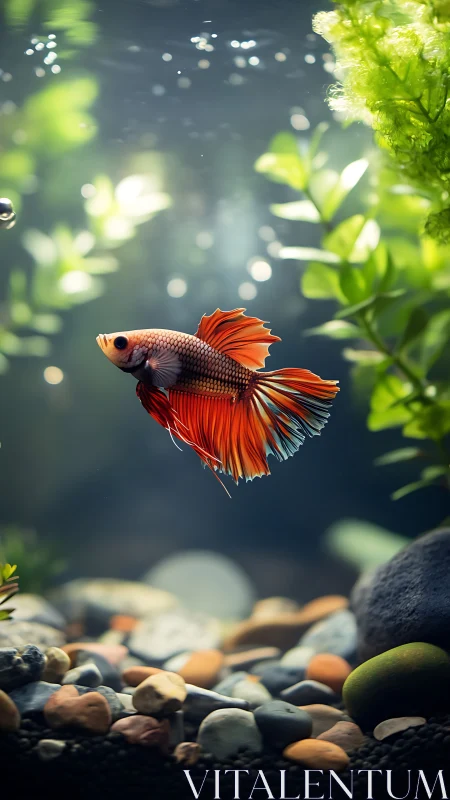 Crimson betta unfurls silk-fire fins in a glass forest ballet