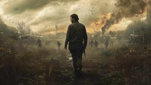 Solitary armed figure in ruined landscape with distant fire.