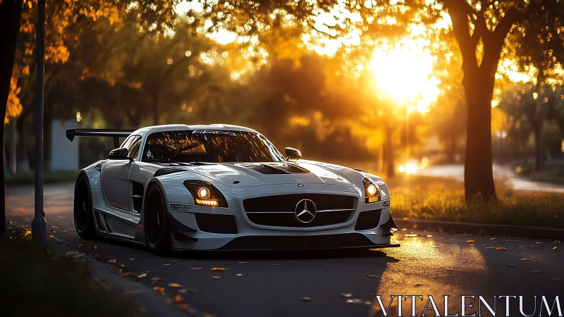 Modified white Mercedes sports car on tree lined street at sunset