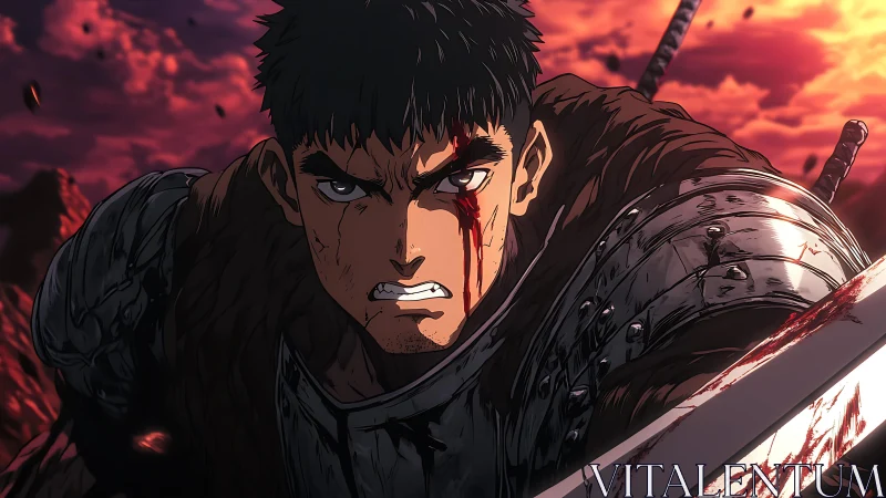 Bloodied armored warrior charges under burning red sky