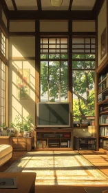 Sunlit domestic living room with large window and TV unit.