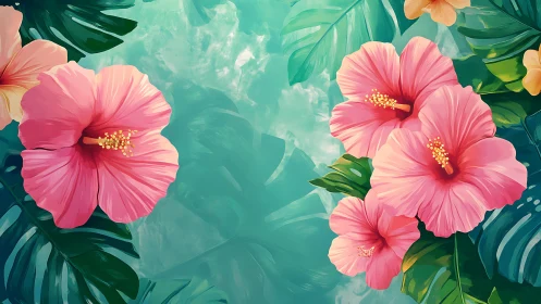 Tropical Hibiscus Composition with Layered Foliage Structure.