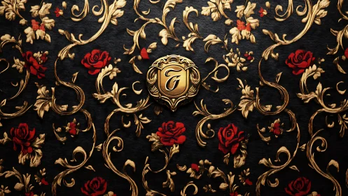 Golden monogram crest rests amid ornate rose tapestry.