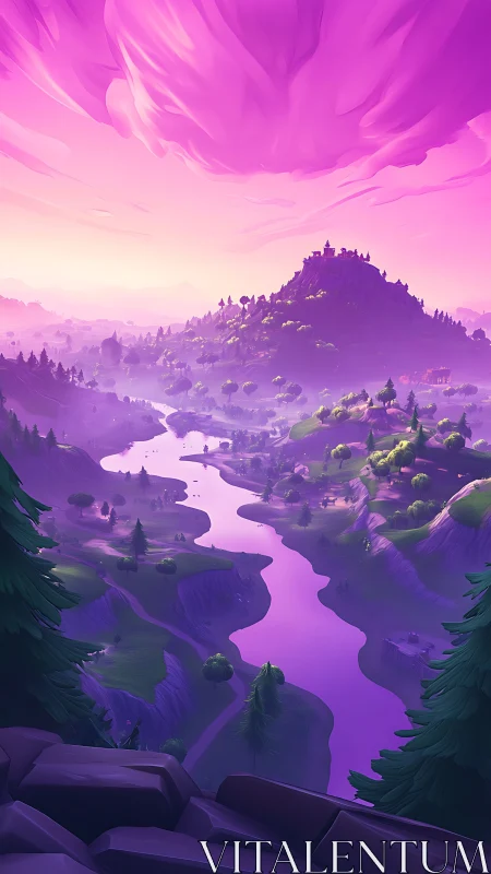 Violet river valley under dramatic glowing storm sky.