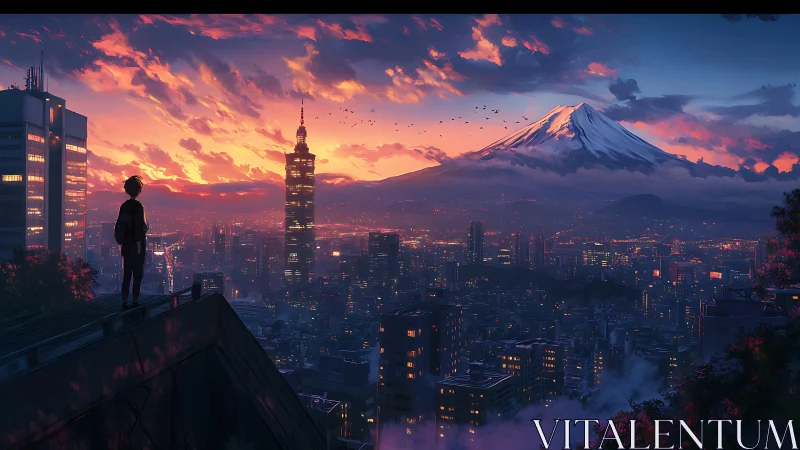 Solitary rooftop figure overlooking neon city at sunset.