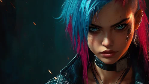 Cyberpunk rebel stares ahead with neon hair and cold fire.