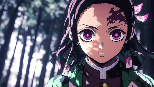 Anime-style character portrait in sunlit forest setting.