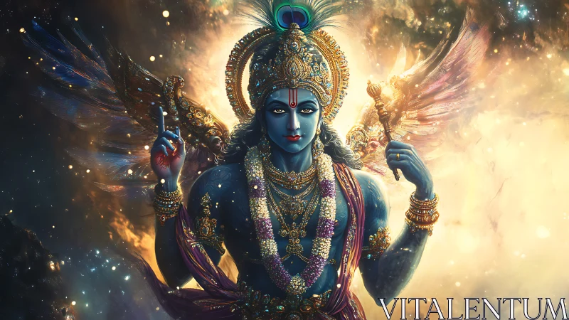 Celestial blue deity unfolding starlit wings of creation.