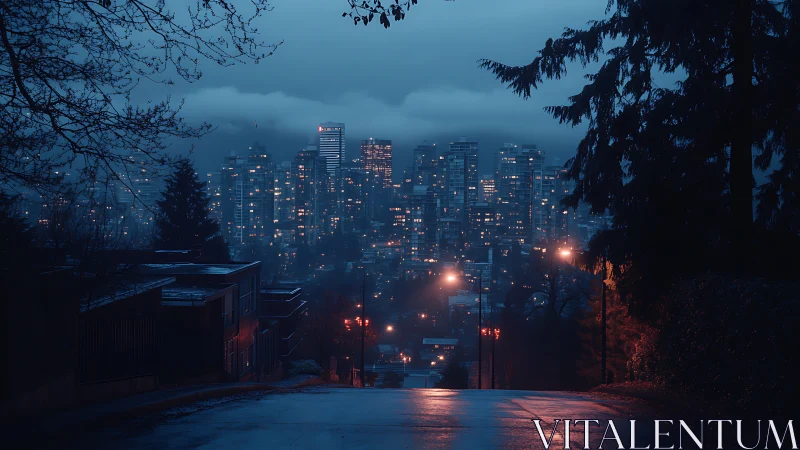 Rainy hill street overlooks dense blue city skyline