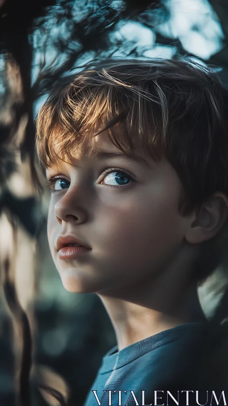 Young child with blue eyes in soft directional sunlight