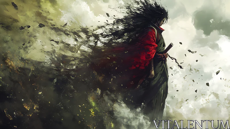 Samurai warrior stands in turbulent, wind-torn abstract storm