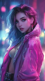 Neon‑lit woman stands in rainy city glow, poised yet distant