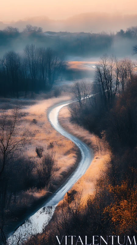 Silver river unwinds through misty dawn and ember reeds.