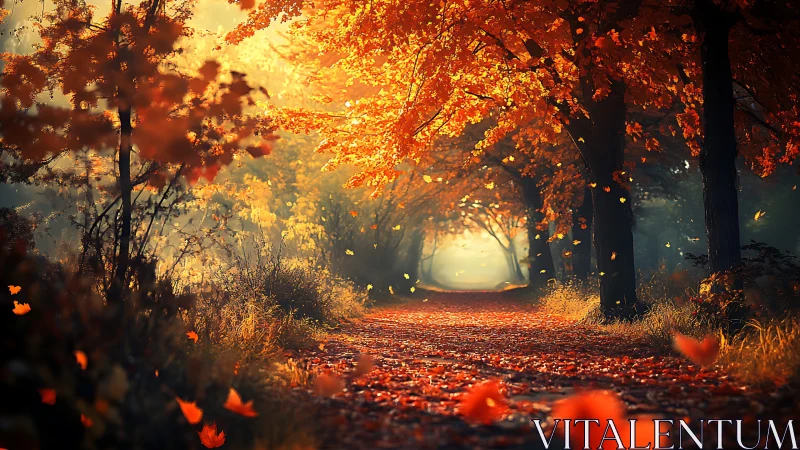 Autumn Tunnel: Luminous Forest Canopy with Falling Leaves.