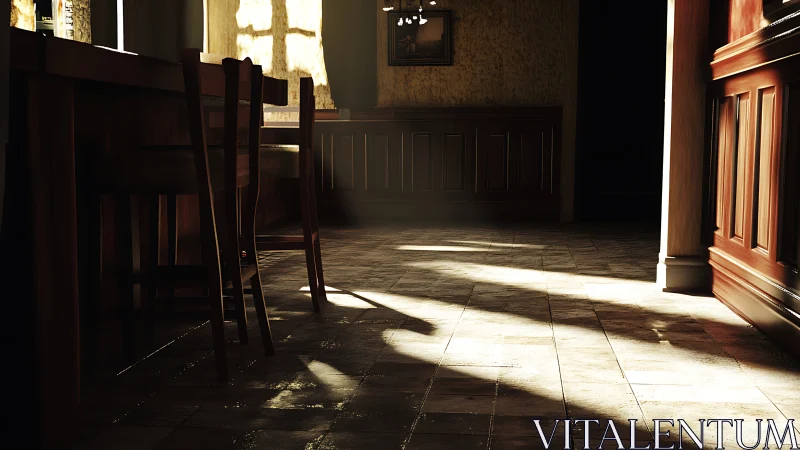 Golden afternoon light spills across a quiet wooden bar